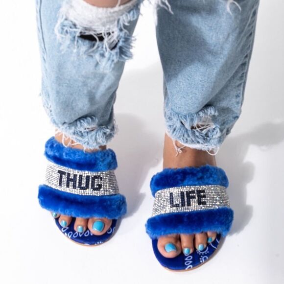 THUG LIFE Faux Fur Blue Bandana Slide - Picture 2 of 12